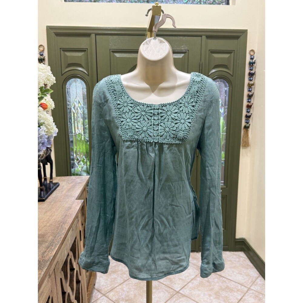 Sage Green Floral Crochet Yoke Cotton Blouse — Size L